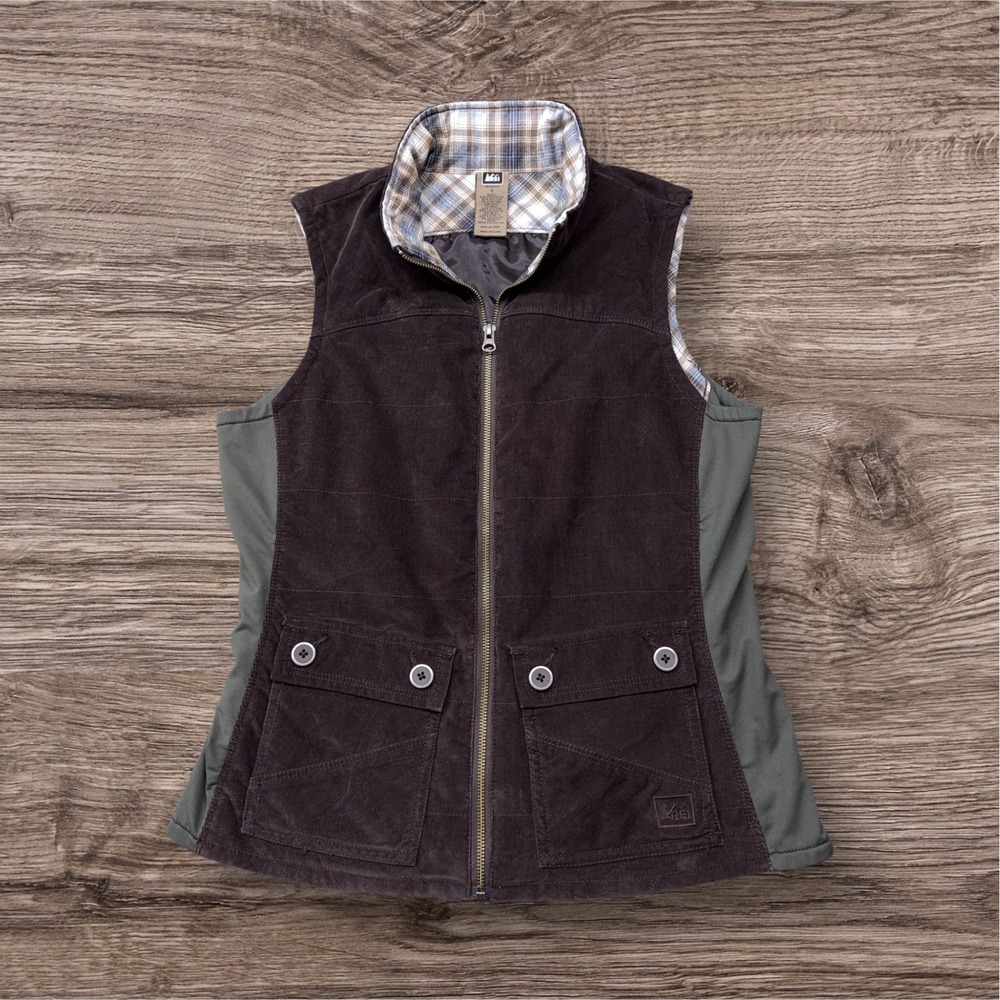 REI Women Brown Corduroy Full Zip Vest Plaid Lining Pockets Size S 833463 F12